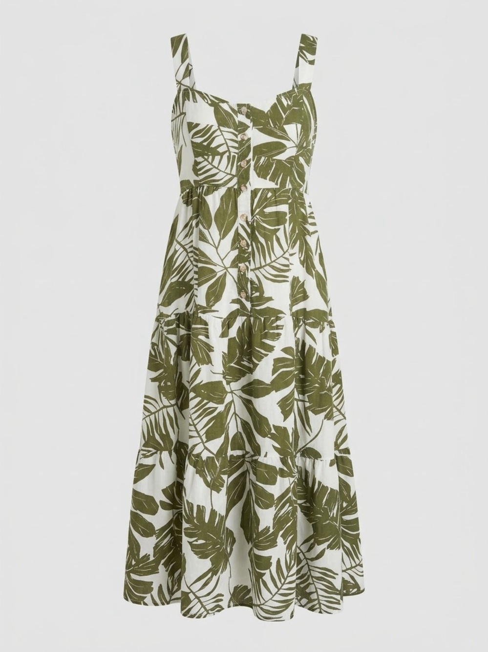 Sleeveless Olive Leaf Print Midi Dress